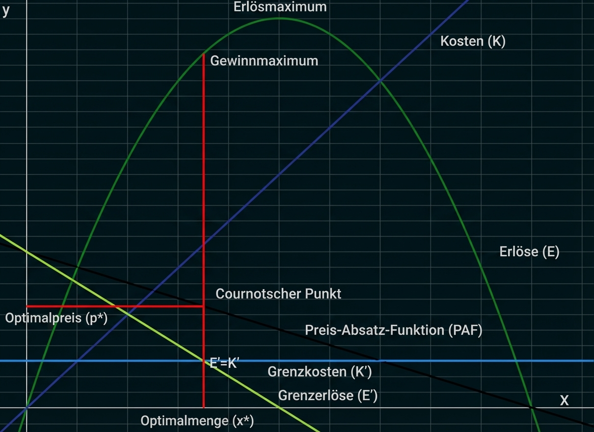 Diagramm: Erlös- und Kostenkurven mit Optimalmenge, Optimalpreis, Cournot-Punkt und Grenzkosten.